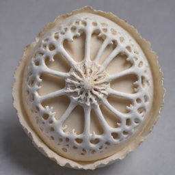 A white coral head transposed onto an eggshell, ornately decorated with intricate Renaissance patterns.