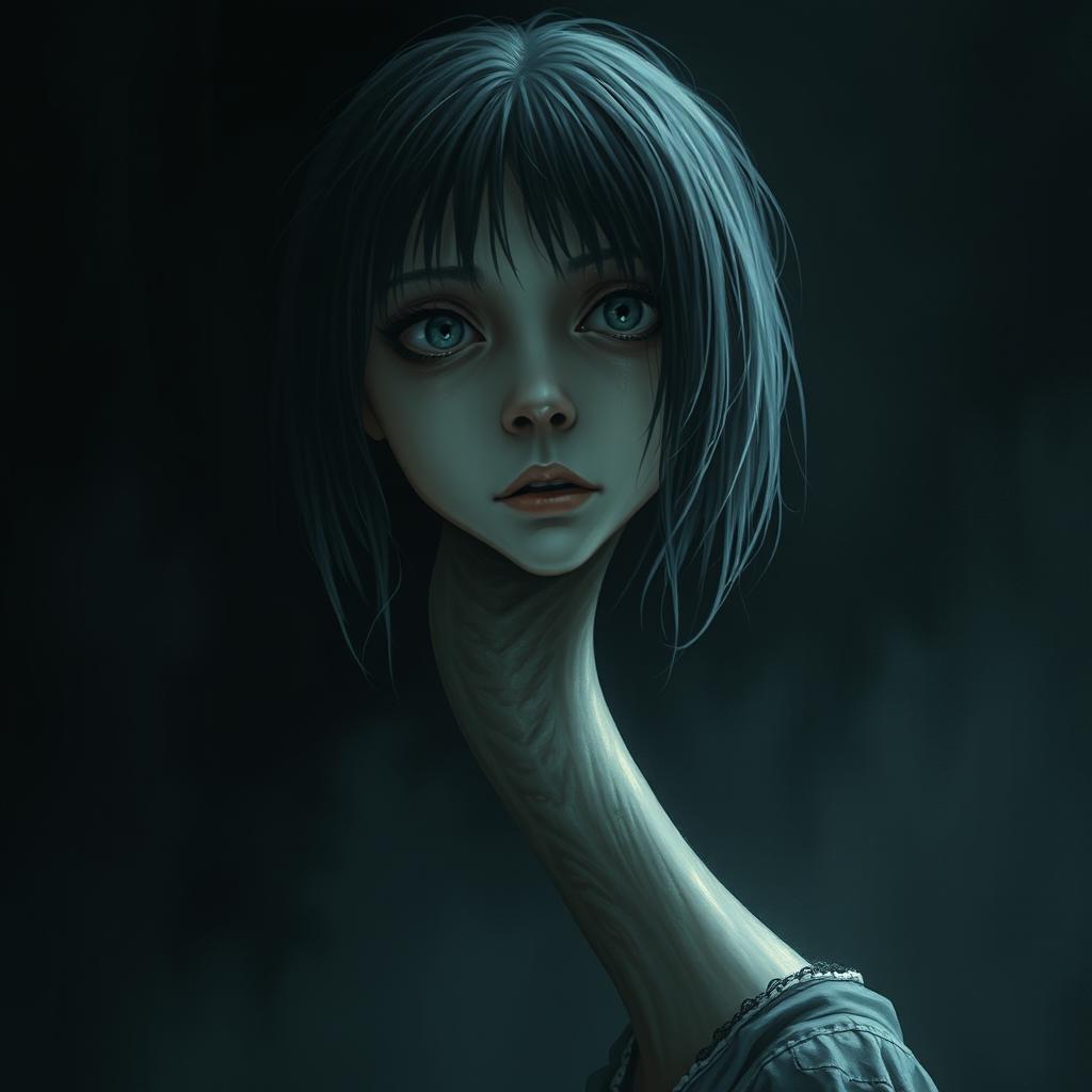 A hyper-realistic horror illustration featuring a single girl with an extraordinarily long neck, portrayed in a dark and unsettling environment