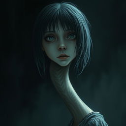 A hyper-realistic horror illustration featuring a single girl with an extraordinarily long neck, portrayed in a dark and unsettling environment