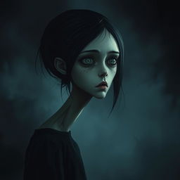 A hyper-realistic horror illustration featuring a single girl with an extraordinarily long neck, portrayed in a dark and unsettling environment