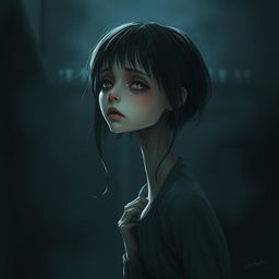 A hyper-realistic horror illustration featuring a single girl with an extraordinarily long neck, portrayed in a dark and unsettling environment