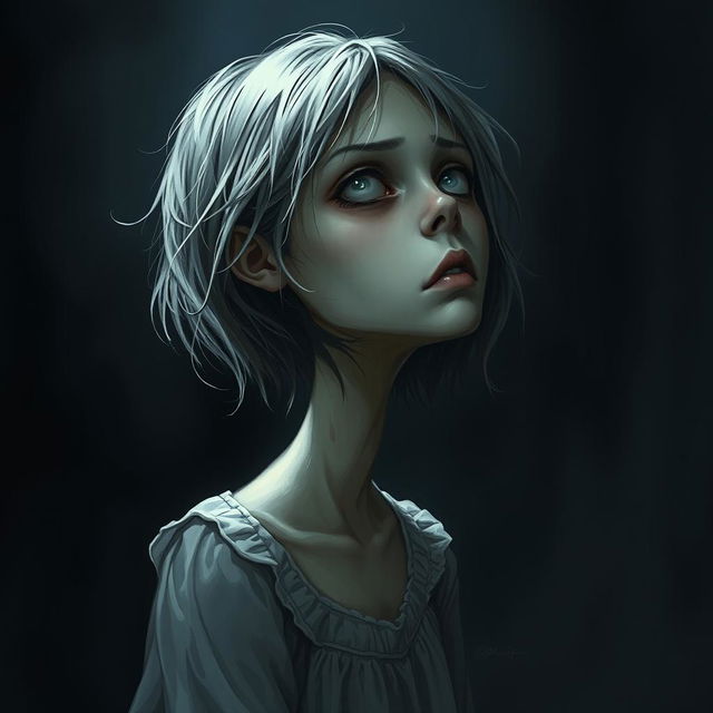 A hyper-realistic horror illustration featuring a single girl with an extraordinarily long neck, portrayed in a dark and unsettling environment