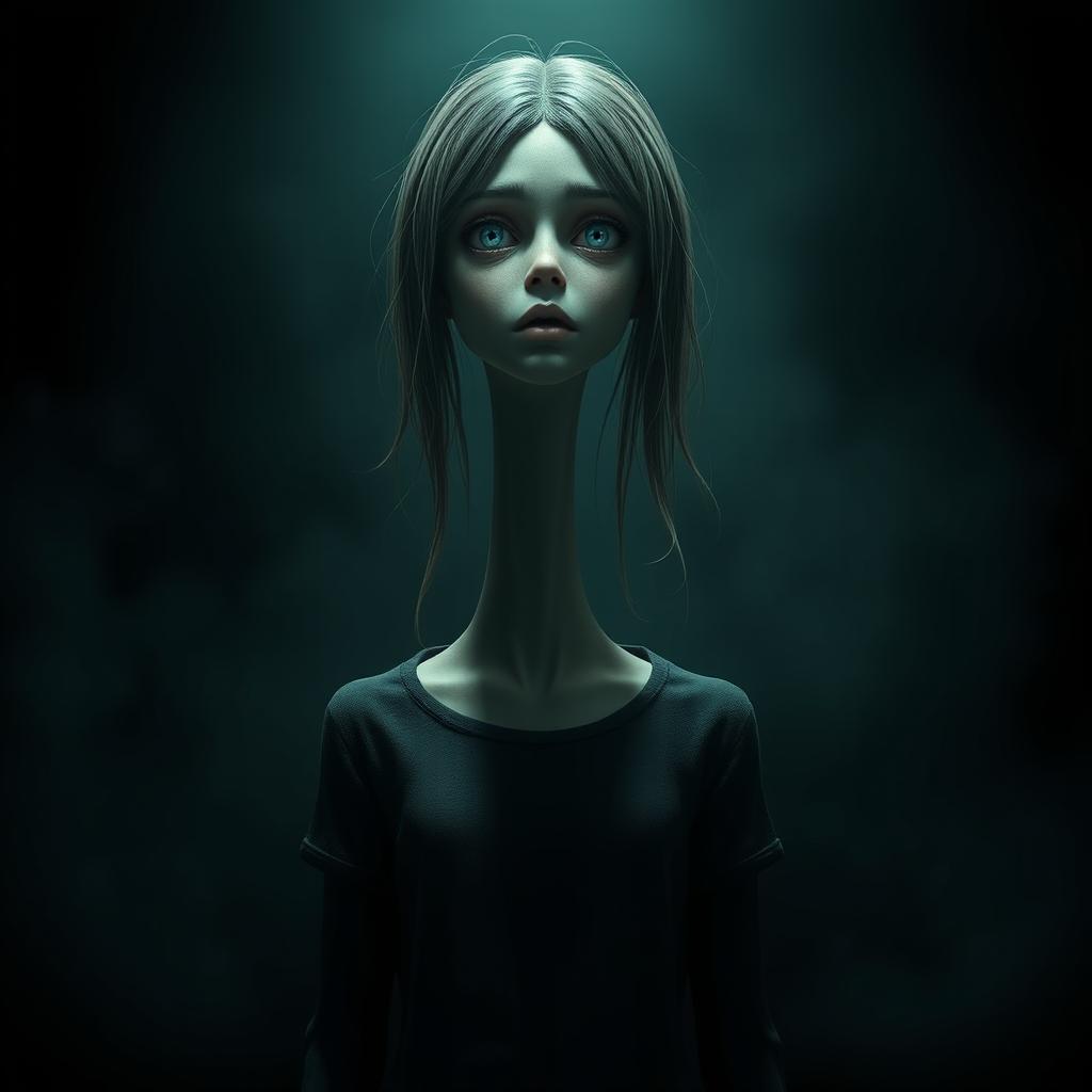 A hyper-realistic 3D horror illustration featuring a solitary girl with an extraordinarily long neck, set in a chilling, dark environment