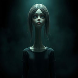 A hyper-realistic 3D horror illustration featuring a solitary girl with an extraordinarily long neck, set in a chilling, dark environment