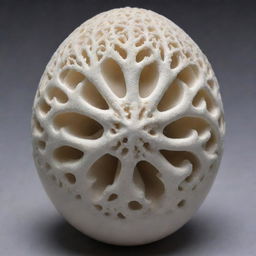 A white coral head transposed onto an eggshell, ornately decorated with intricate Renaissance patterns.