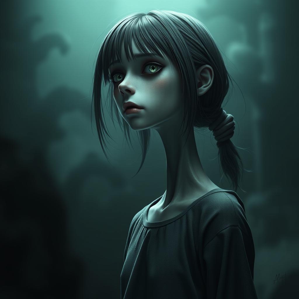 A hyper-realistic 3D horror illustration featuring a solitary girl with an extraordinarily long neck, set in a chilling, dark environment