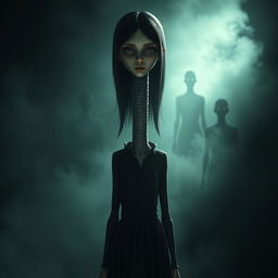 A hyper-realistic 3D horror illustration featuring a solitary girl with an extraordinarily long neck, set in a chilling, dark environment