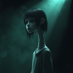 A hyper-realistic 3D horror illustration featuring a solitary girl with an extraordinarily long neck, set in a chilling, dark environment