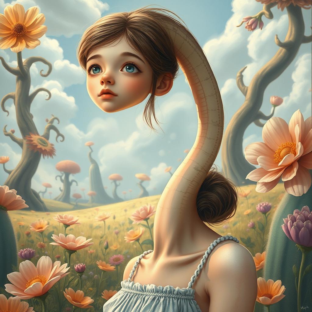 A hyper-realistic illustration featuring a girl with an extraordinarily long neck, set in a surreal and imaginative environment