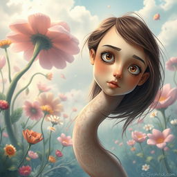 A hyper-realistic illustration featuring a girl with an extraordinarily long neck, set in a surreal and imaginative environment