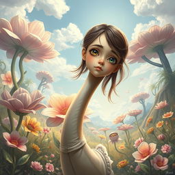 A hyper-realistic illustration featuring a girl with an extraordinarily long neck, set in a surreal and imaginative environment