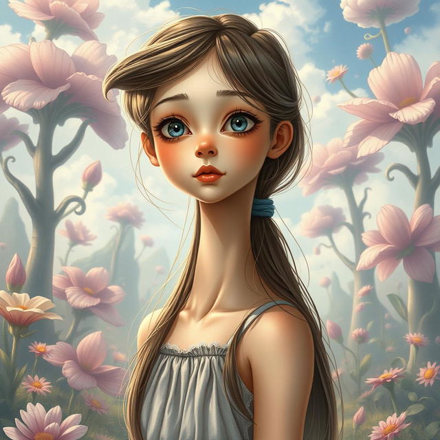 A hyper-realistic illustration featuring a girl with an extraordinarily long neck, set in a surreal and imaginative environment