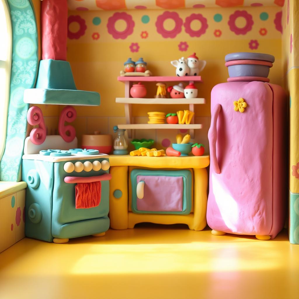 A vibrant and colorful kitchen made entirely of playdough, showcasing whimsical details such as a playdough stove with curly designs, a fridge with exaggerated features, and a countertop filled with miniature playfood items like pasta and vegetables