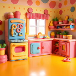 A vibrant and colorful kitchen made entirely of playdough, showcasing whimsical details such as a playdough stove with curly designs, a fridge with exaggerated features, and a countertop filled with miniature playfood items like pasta and vegetables