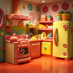 A vibrant and colorful kitchen made entirely of playdough, showcasing whimsical details such as a playdough stove with curly designs, a fridge with exaggerated features, and a countertop filled with miniature playfood items like pasta and vegetables