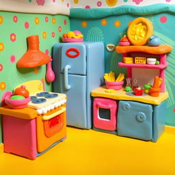 A vibrant and colorful kitchen made entirely of playdough, showcasing whimsical details such as a playdough stove with curly designs, a fridge with exaggerated features, and a countertop filled with miniature playfood items like pasta and vegetables