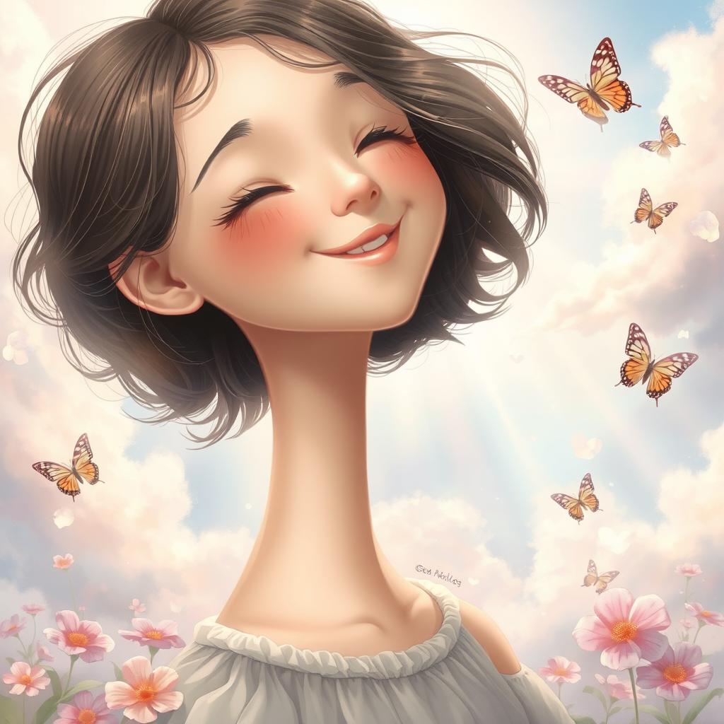 A hyper-realistic illustration featuring a girl with an extraordinarily long neck, depicted in a whimsical and ethereal environment