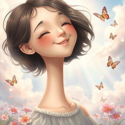 A hyper-realistic illustration featuring a girl with an extraordinarily long neck, depicted in a whimsical and ethereal environment