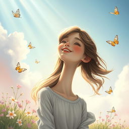 A hyper-realistic illustration featuring a girl with an extraordinarily long neck, depicted in a whimsical and ethereal environment