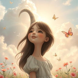 A hyper-realistic illustration featuring a girl with an extraordinarily long neck, depicted in a whimsical and ethereal environment