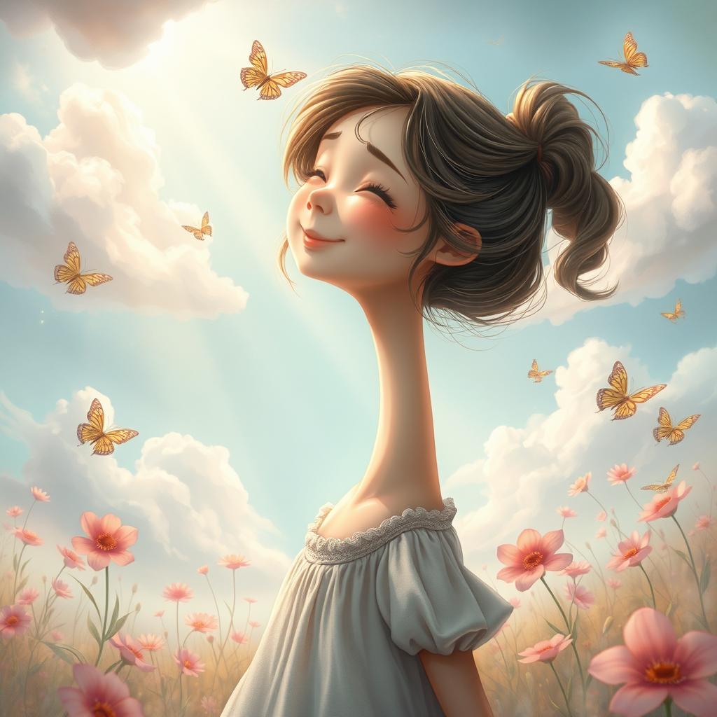 A hyper-realistic illustration featuring a girl with an extraordinarily long neck, depicted in a whimsical and ethereal environment