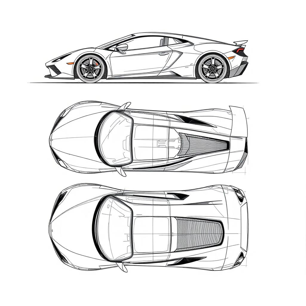 A detailed sketch of a super car, rendered from a single model perspective, showcasing five unique views: front, back, left side, right side, and top-down view