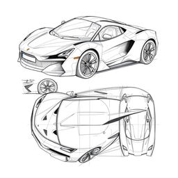 A detailed sketch of a super car, rendered from a single model perspective, showcasing five unique views: front, back, left side, right side, and top-down view