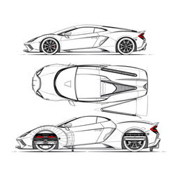 A detailed sketch of a super car, rendered from a single model perspective, showcasing five unique views: front, back, left side, right side, and top-down view