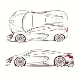 A detailed sketch of a super car, rendered from a single model perspective, showcasing five unique views: front, back, left side, right side, and top-down view