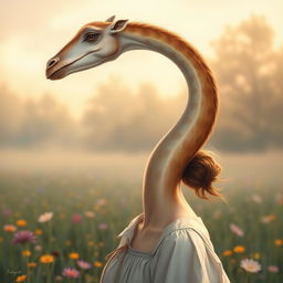 A hyper-realistic illustration showcasing a girl with an extraordinarily long neck, presented in a striking and imaginative manner