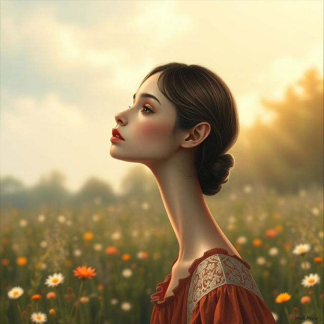 A hyper-realistic illustration showcasing a girl with an extraordinarily long neck, presented in a striking and imaginative manner