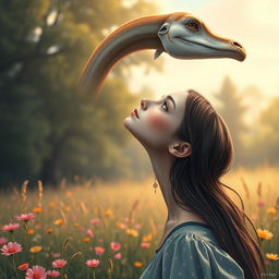 A hyper-realistic illustration showcasing a girl with an extraordinarily long neck, presented in a striking and imaginative manner