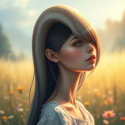 A hyper-realistic illustration showcasing a girl with an extraordinarily long neck, presented in a striking and imaginative manner