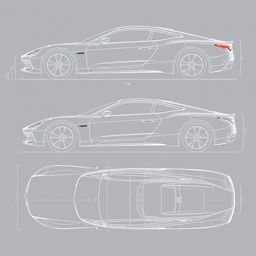 A comprehensive blueprint concept for a car, displayed from five specific angles: right side, left side, front view, back view, and top-down view