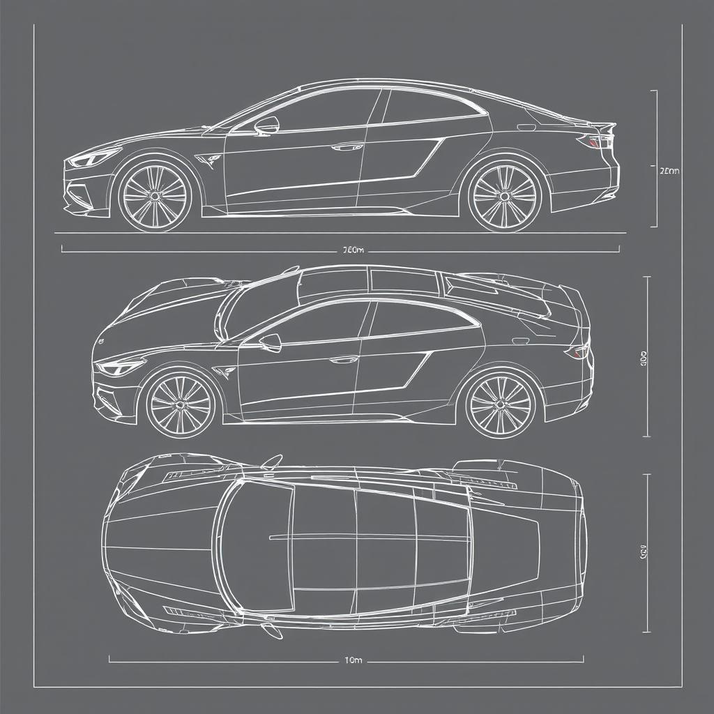 A comprehensive blueprint concept for a car, displayed from five specific angles: right side, left side, front view, back view, and top-down view