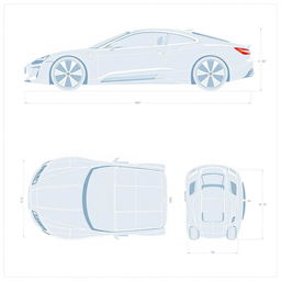 A comprehensive blueprint concept for a car, displayed from five specific angles: right side, left side, front view, back view, and top-down view