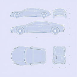 A comprehensive blueprint concept for a car, displayed from five specific angles: right side, left side, front view, back view, and top-down view