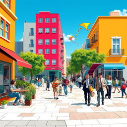 A vibrant street scene depicting the daily life in an urban setting