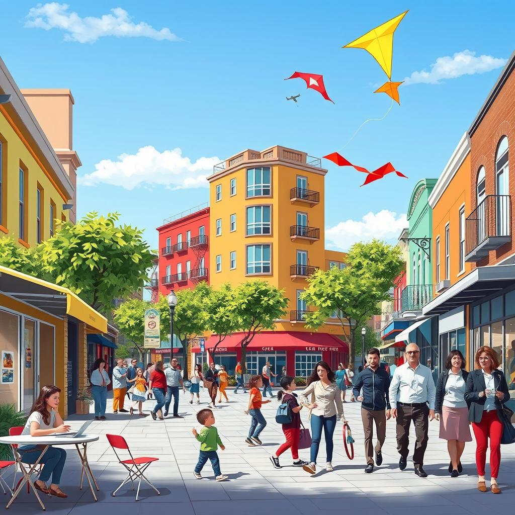 A vibrant street scene depicting the daily life in an urban setting