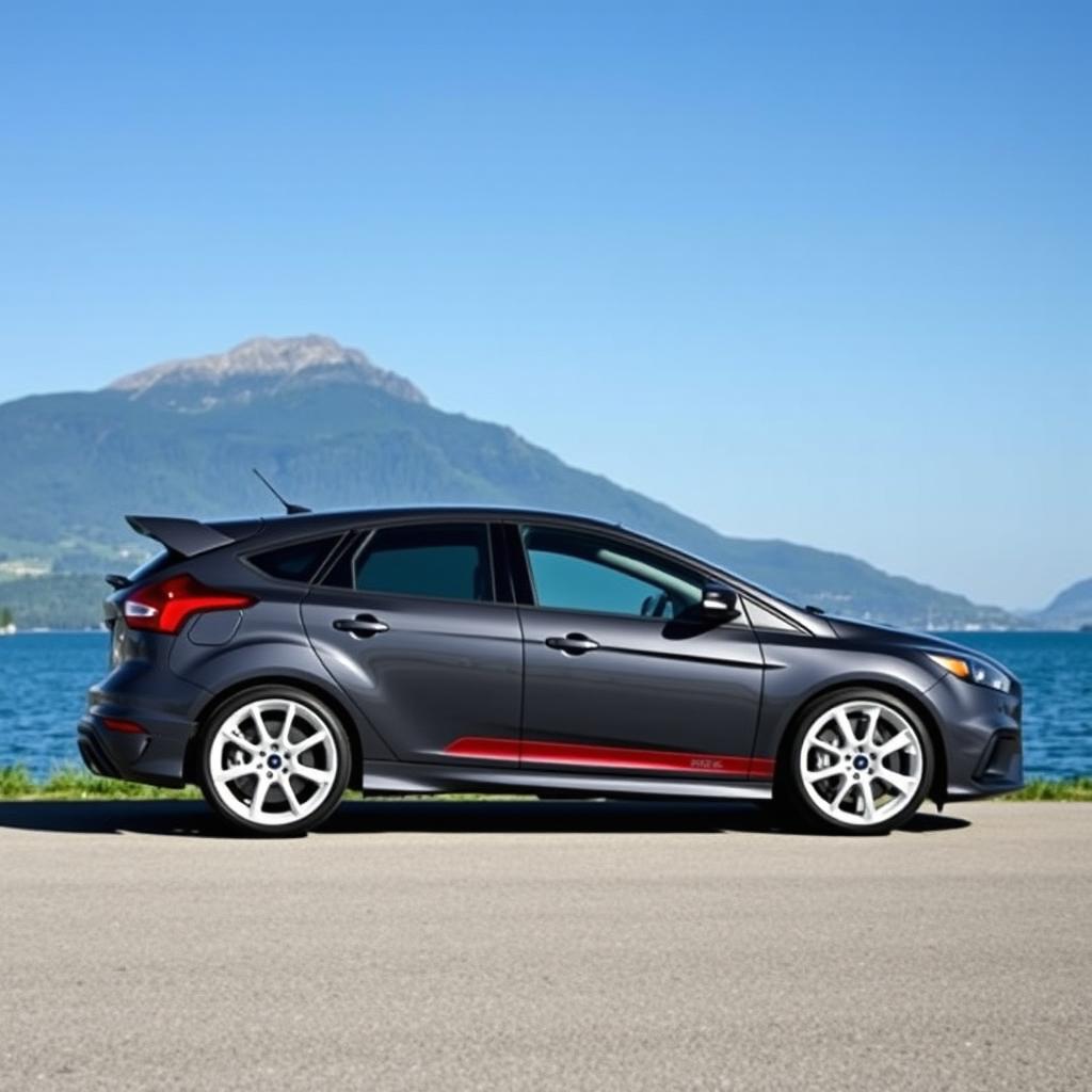 A dark grey Ford Focus RS with solid white wheels and a double Burgundy stripe on the side, parked elegantly in front of the beautiful Lac de la Gruyère