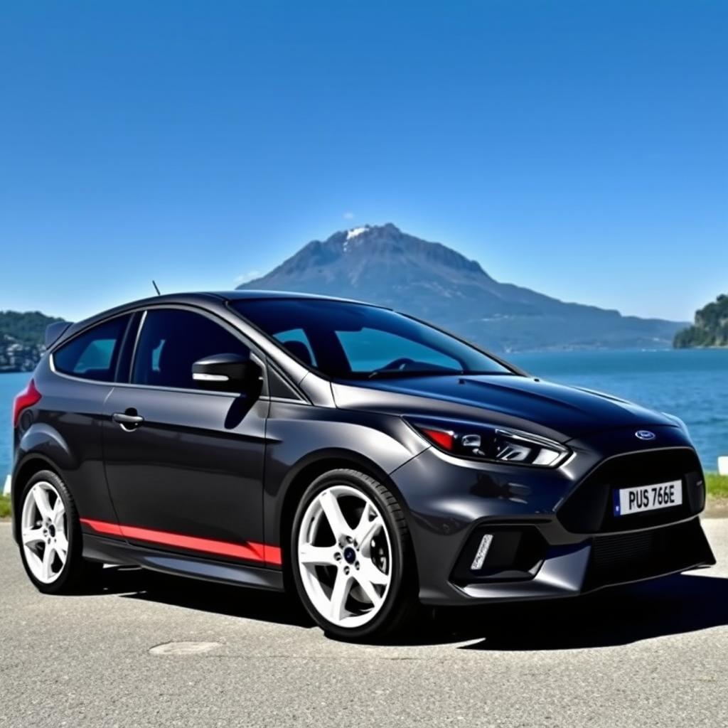 A dark grey Ford Focus RS with solid white wheels and a double Burgundy stripe on the side, parked elegantly in front of the beautiful Lac de la Gruyère