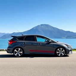 A dark grey Ford Focus RS with solid white wheels and a double Burgundy stripe on the side, parked elegantly in front of the beautiful Lac de la Gruyère