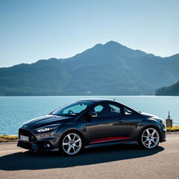 A dark grey Ford Focus RS with solid white wheels and a double Burgundy stripe on the side, parked elegantly in front of the beautiful Lac de la Gruyère