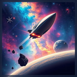 A captivating space exploration scene featuring a beautifully detailed spaceship soaring through a vibrant galaxy filled with colorful nebulae and twinkling stars