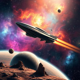 A captivating space exploration scene featuring a beautifully detailed spaceship soaring through a vibrant galaxy filled with colorful nebulae and twinkling stars