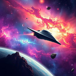 A captivating space exploration scene featuring a beautifully detailed spaceship soaring through a vibrant galaxy filled with colorful nebulae and twinkling stars