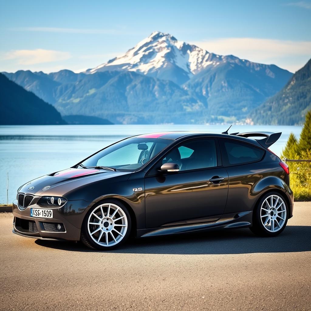 A dark grey Ford Focus RS featuring white OZ Racing rally wheels and a Burgundy stripe running down the left side of the hood