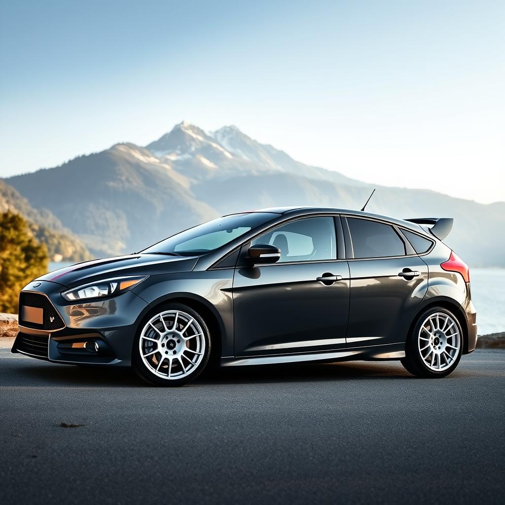 A dark grey Ford Focus RS featuring white OZ Racing rally wheels and a Burgundy stripe running down the left side of the hood