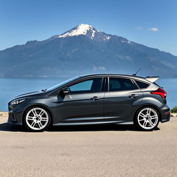 A dark grey Ford Focus RS featuring white OZ Racing rally wheels and a Burgundy stripe running down the left side of the hood