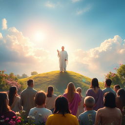 A divine and ethereal scene representing spiritual enlightenment, depicting a radiant, glowing figure (the Master) standing on a hill, surrounded by lush greenery and blooming flowers